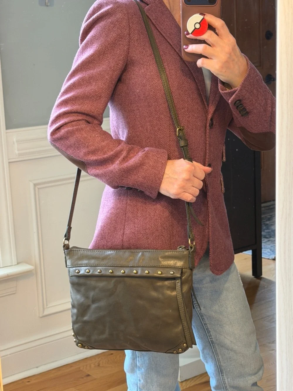Frye Minimalist Olive Green Leather Studded Crossbody Bag 2010s‎ (GUC)